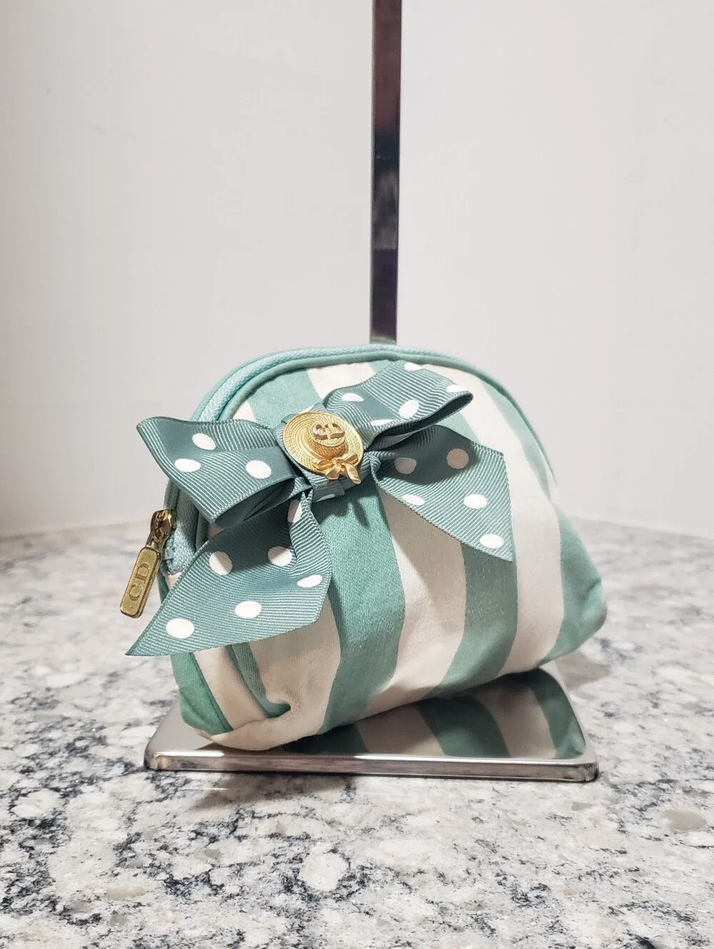 Christian Dior Green Stripe Cosmetic Polka-dot Bow Pouch with Gold Tone CD pin